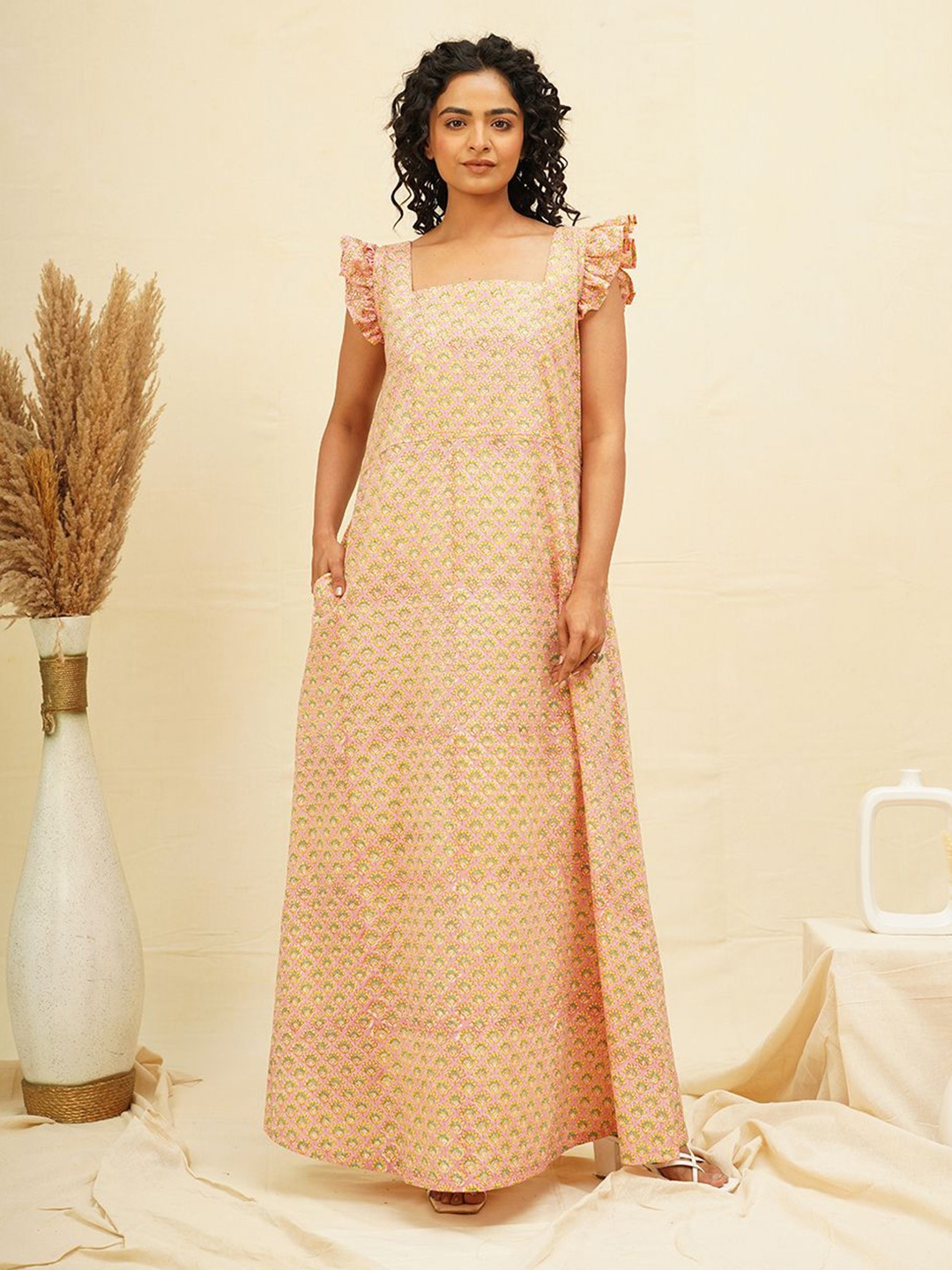 

THE SAFFRON SAGA Ethnic Motifs Printed Pure Cotton Maxi Nightdress, Peach