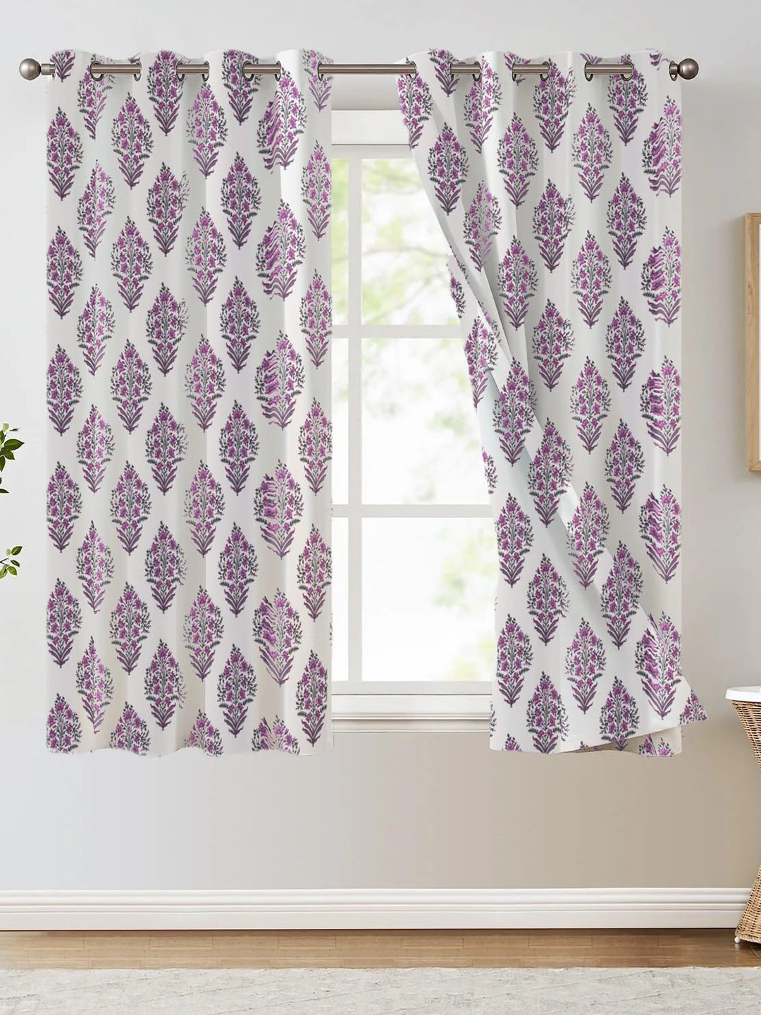 

Trance Home Linen White & Purple Floral Printed Room Darkening Pure Cotton Window Curtain