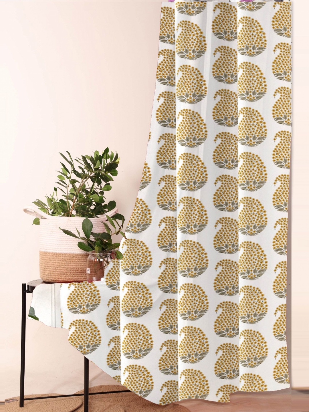 

Trance Home Linen White & Gold Toned Printed Room Darkening Pure Cotton Door Curtain