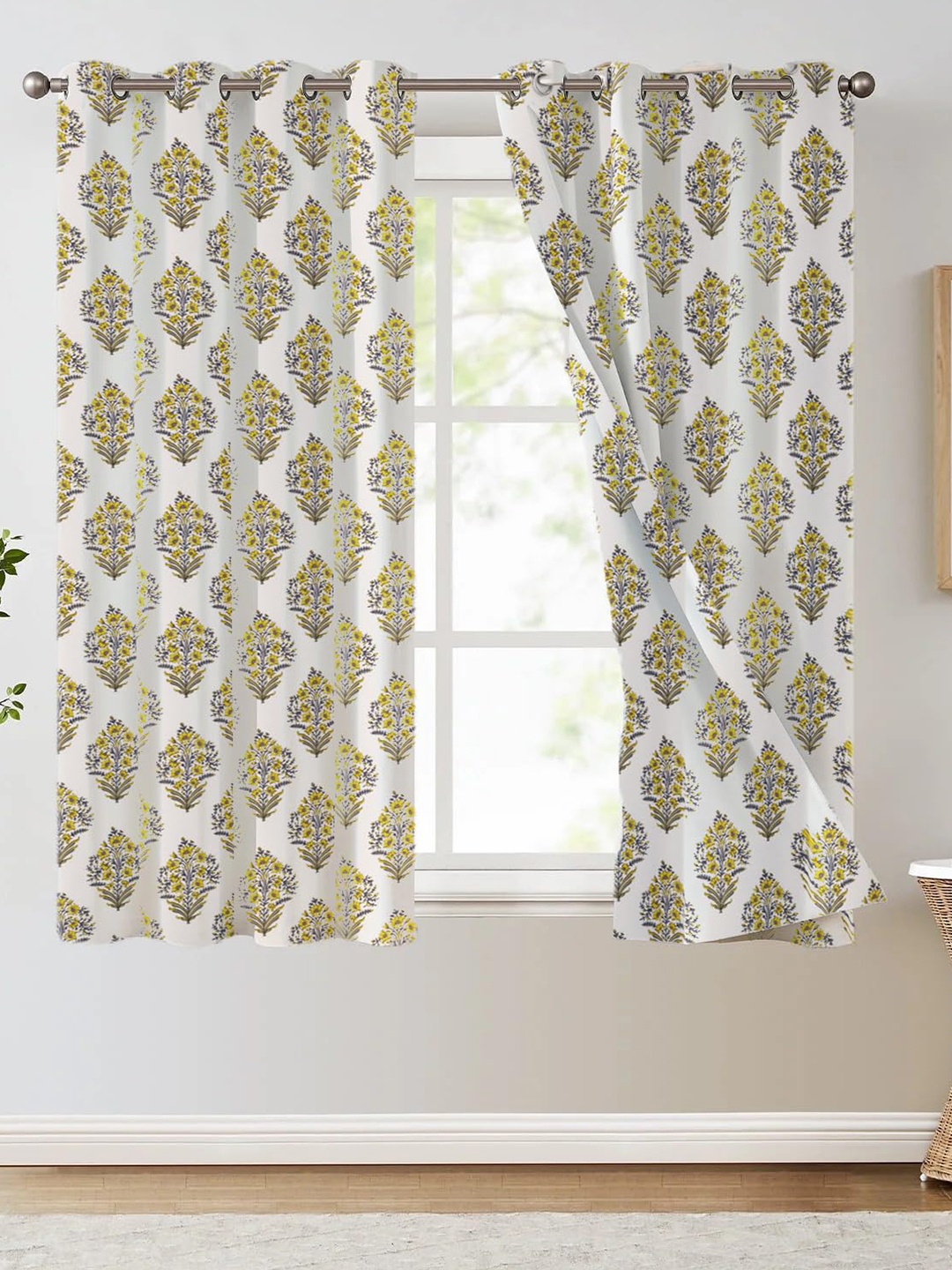 

Trance Home Linen White & Yellow Printed Room Darkening Pure Cotton Window Curtain