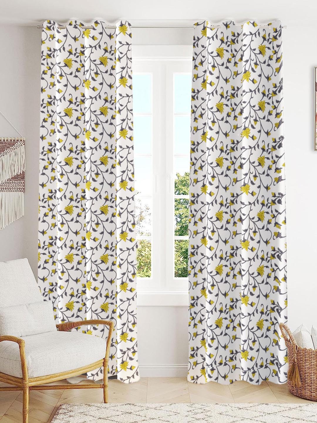 

Trance Home Linen Yellow & White Floral Printed Room Darkening Pure Cotton Door Curtain