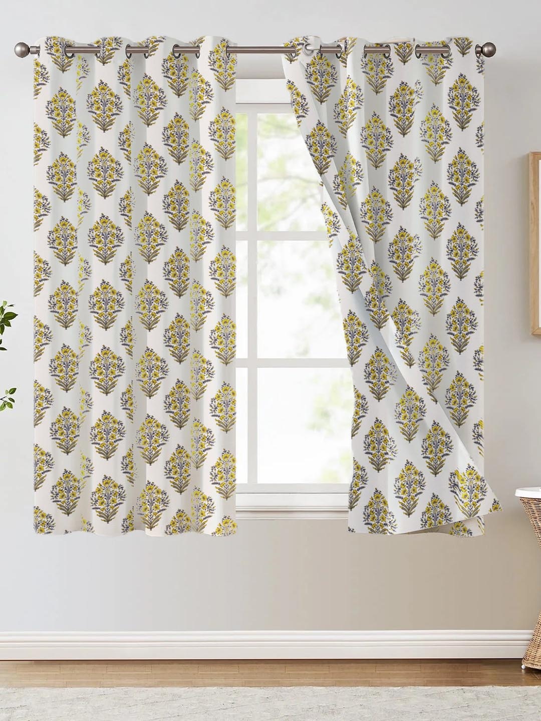 

Trance Home Linen Yellow & White Printed Room Darkening Pure Cotton Window Curtain