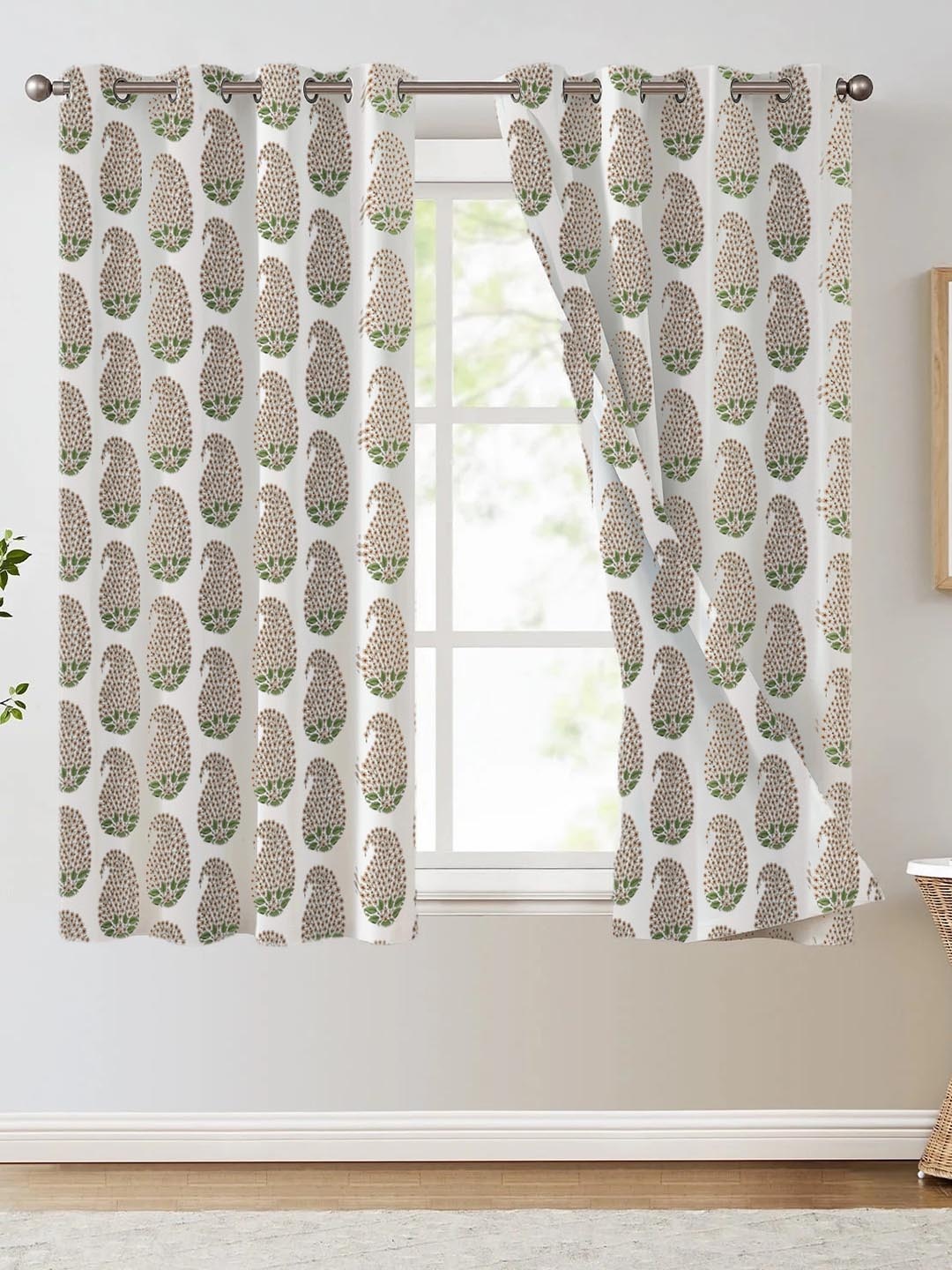 

Trance Home Linen White & Green Printed Room Darkening Pure Cotton Window Curtain