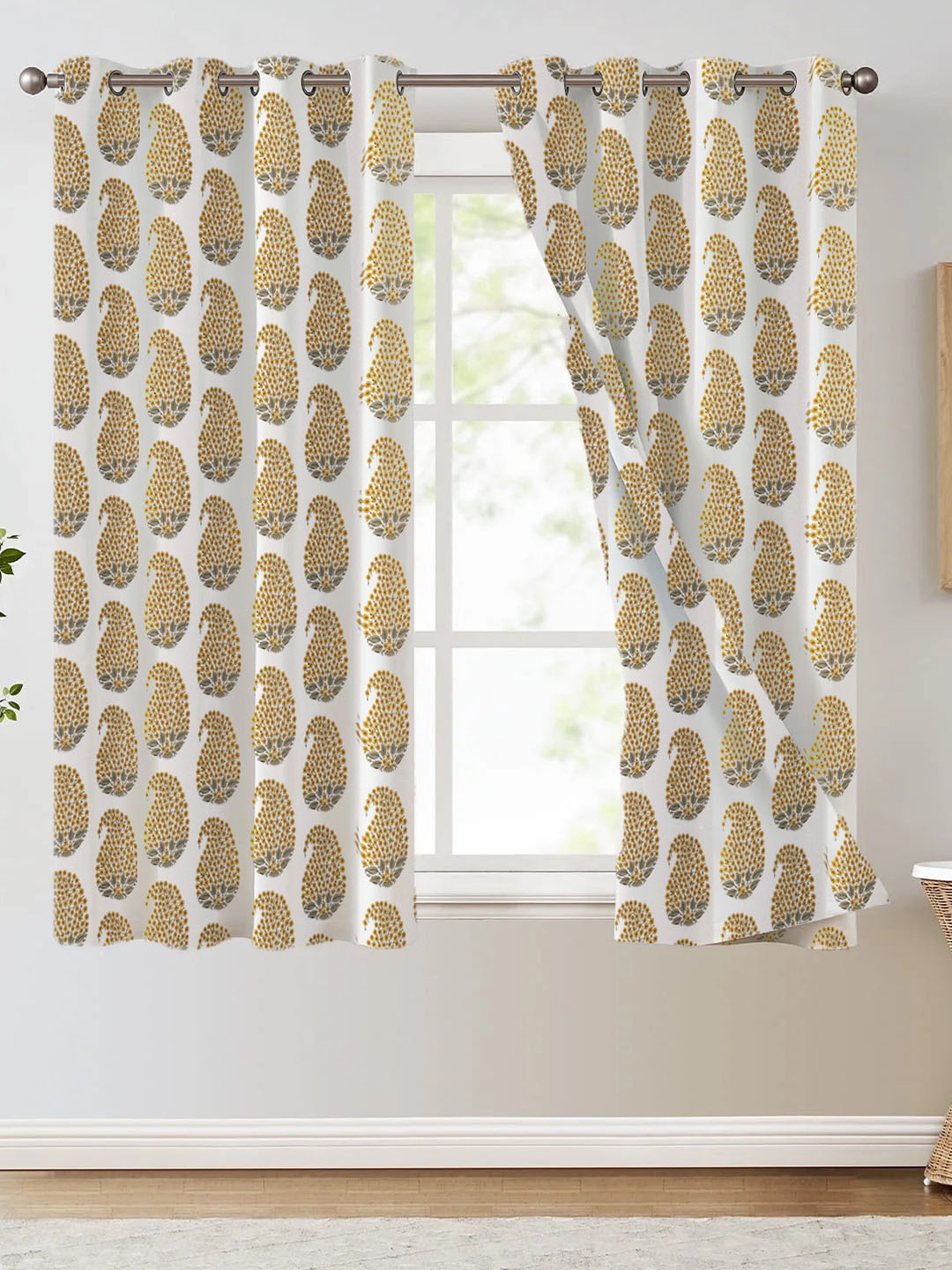 

Trance Home Linen Gold Toned & White Printed Room Darkening Pure Cotton Window Curtain