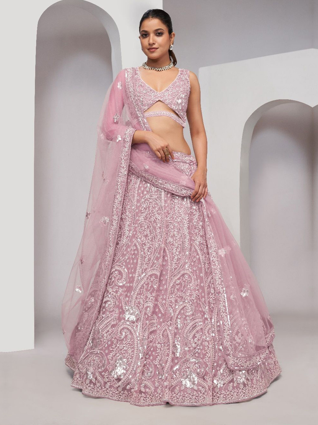 

Fusionic Embroidered Sequinned Semi-Stitched Lehenga & Unstitched Blouse With Dupatta, Pink