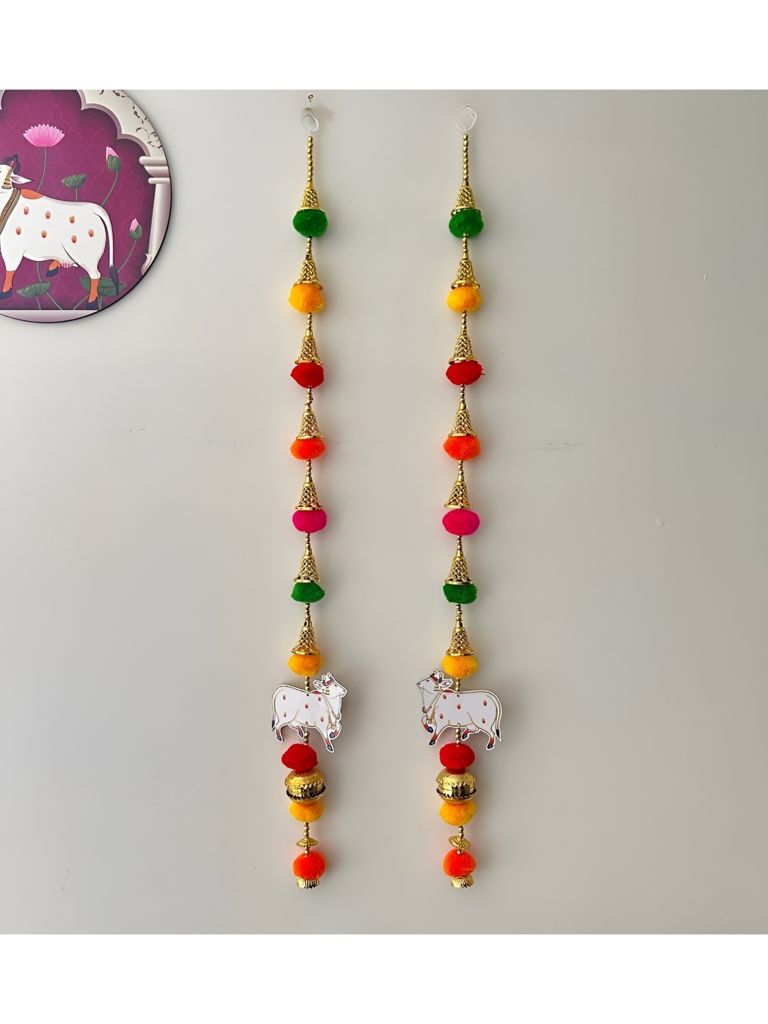 

PLAYFUL STITCHES Pink & Green 4 Pieces Lotus & Pichwai Cow Door Hanging Toran, Yellow