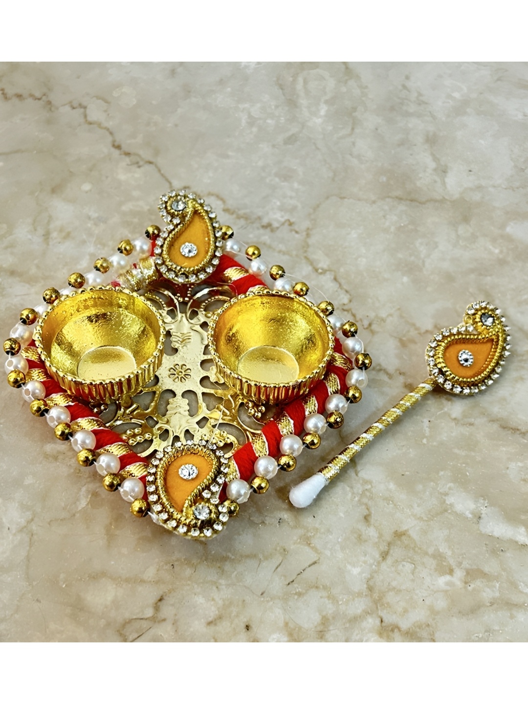 

PLAYFUL STITCHES Red & Gold toned Kumkum Roli Chawal Platter