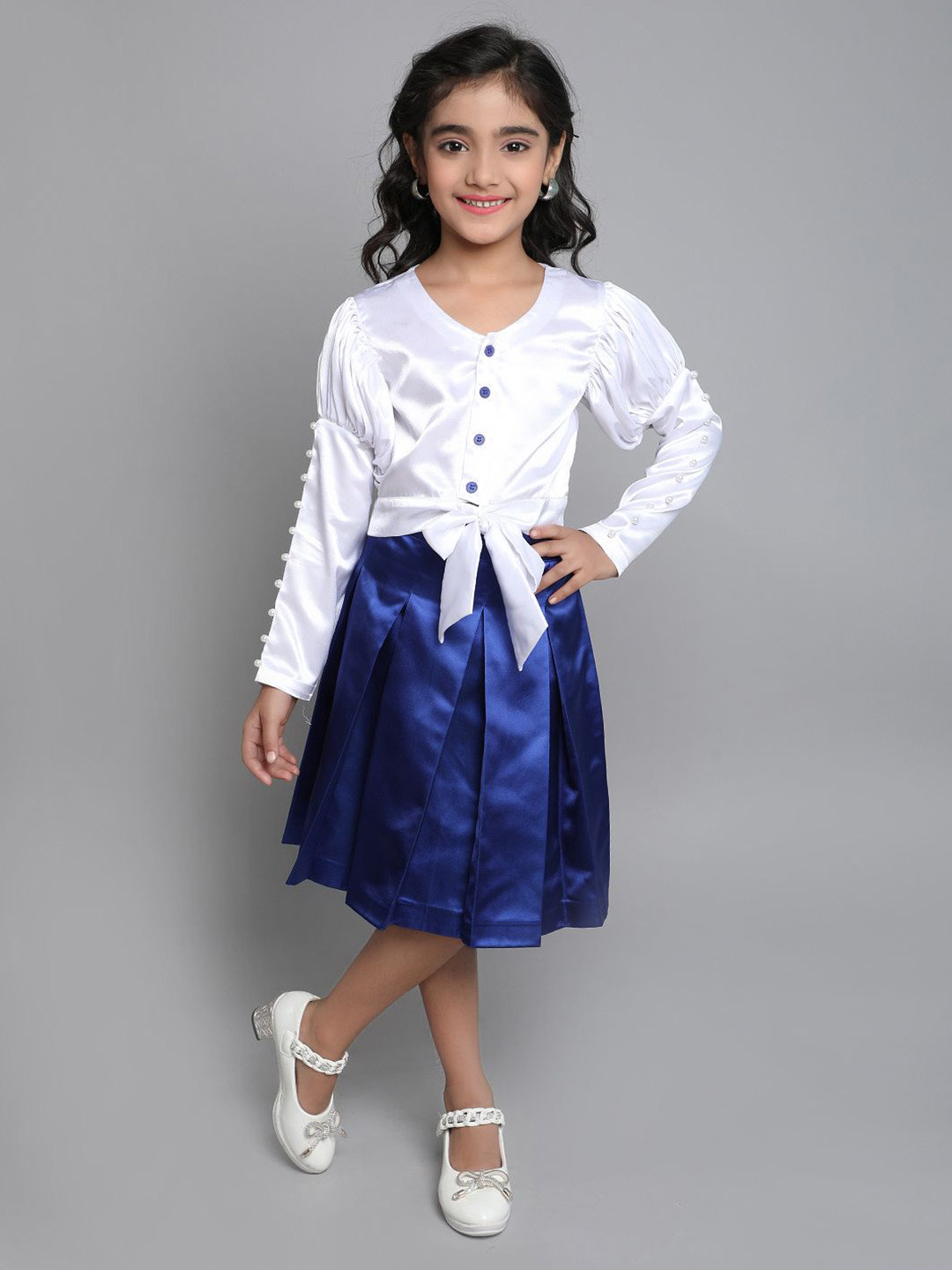 

BAESD Girls V-Neck Shirt with Skirt, White