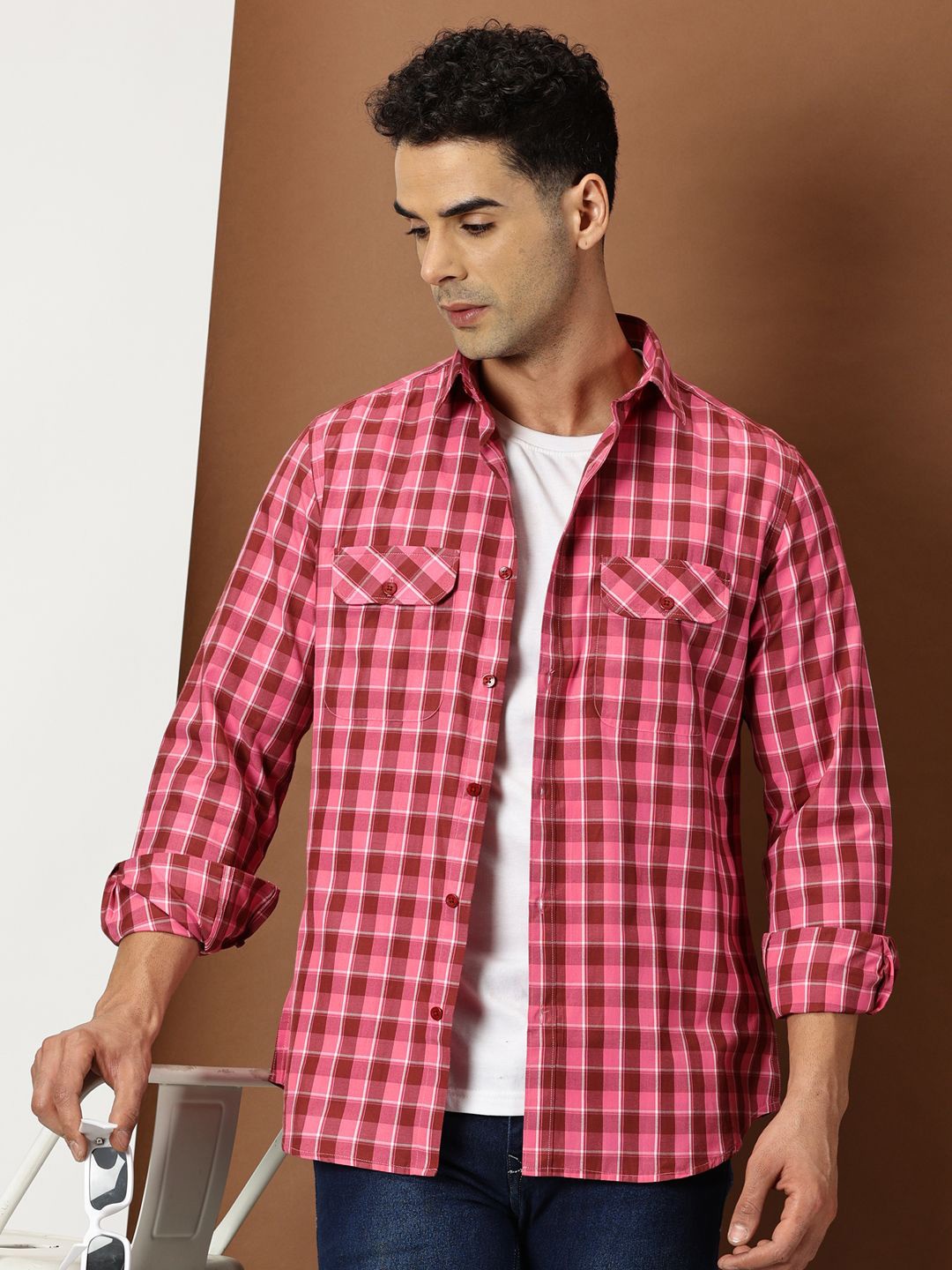 

INVICTUS Men Original Cutaway Collar Tartan Checks Checked Cotton Slim Fit Casual Shirt, Pink