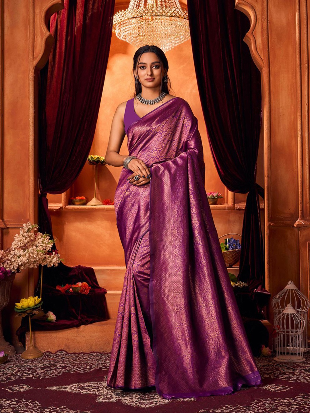 

Varanga Floral Woven Design Banarasi Saree, Purple