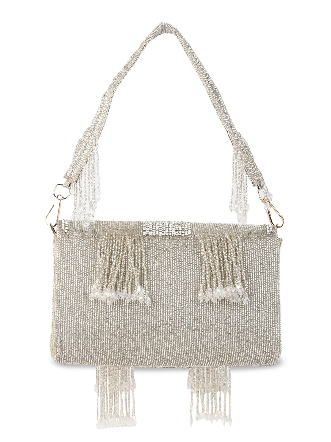 

ODETTE Textured Structured Tote Bag with Tasselled, Silver