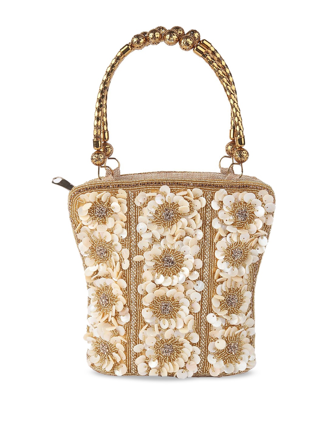 

ODETTE Embellished Structured Handheld Bag with Applique, Gold