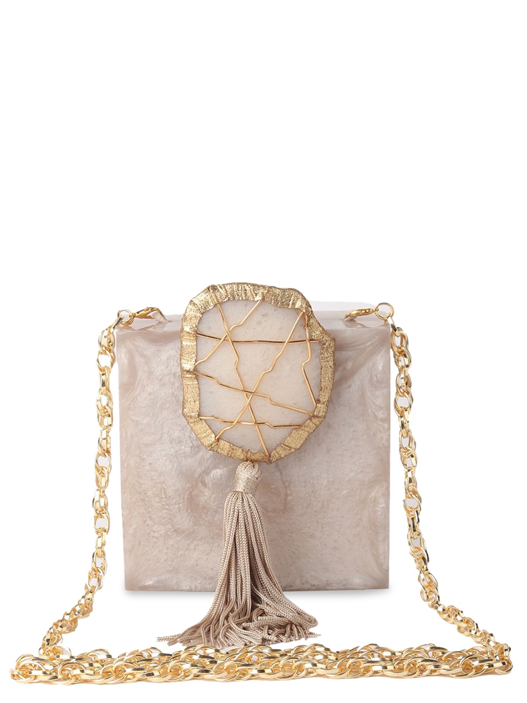 

ODETTE Textured Half Moon Sling Bag with Tasselled, Beige