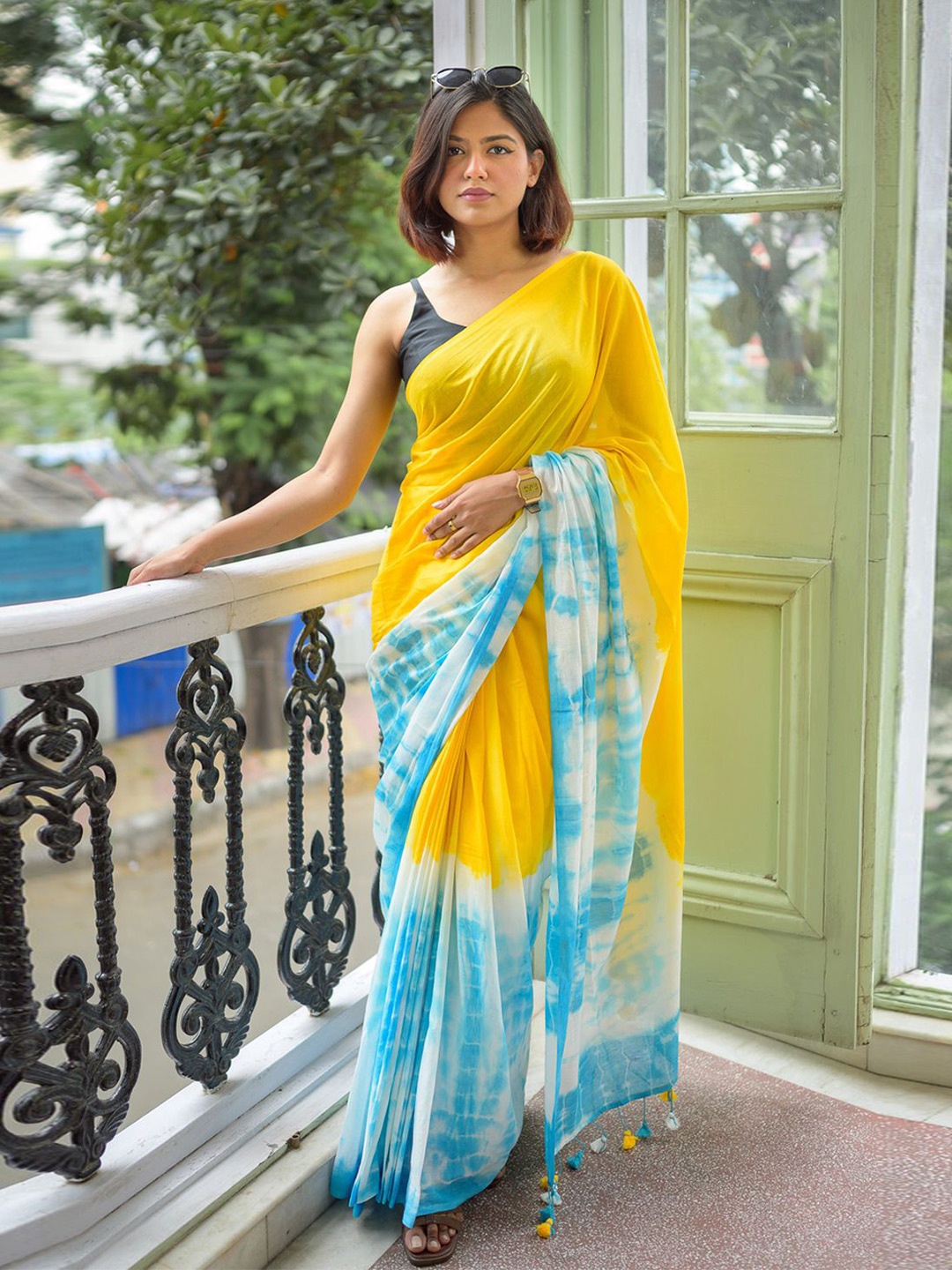 

RODDUR Tie and Dye Pure Cotton Saree, Yellow