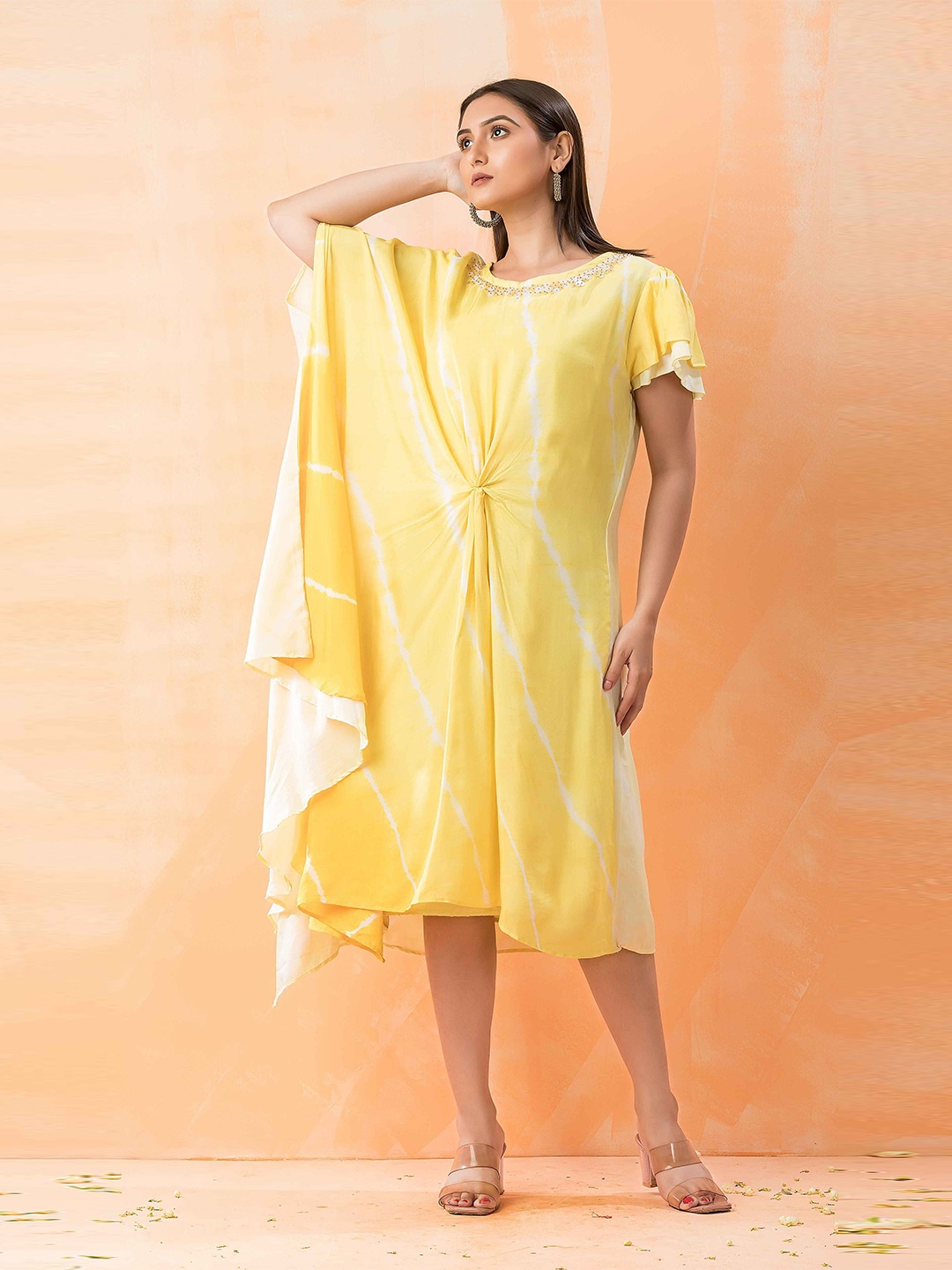 

SACRED SUTA Printed Satin A-Line Midi Dress, Yellow