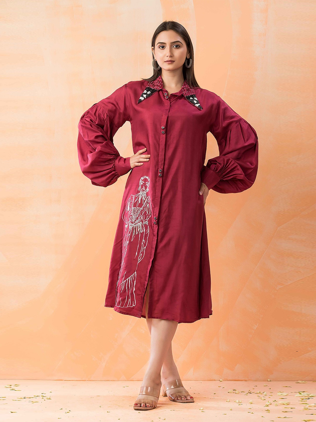 

SACRED SUTA Satin Shirt Midi Dress, Magenta