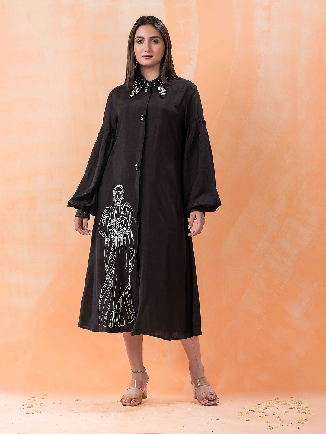 

SACRED SUTA Printed Satin Shirt Collar Cuffed Sleeves Shirt Midi Dress, Black