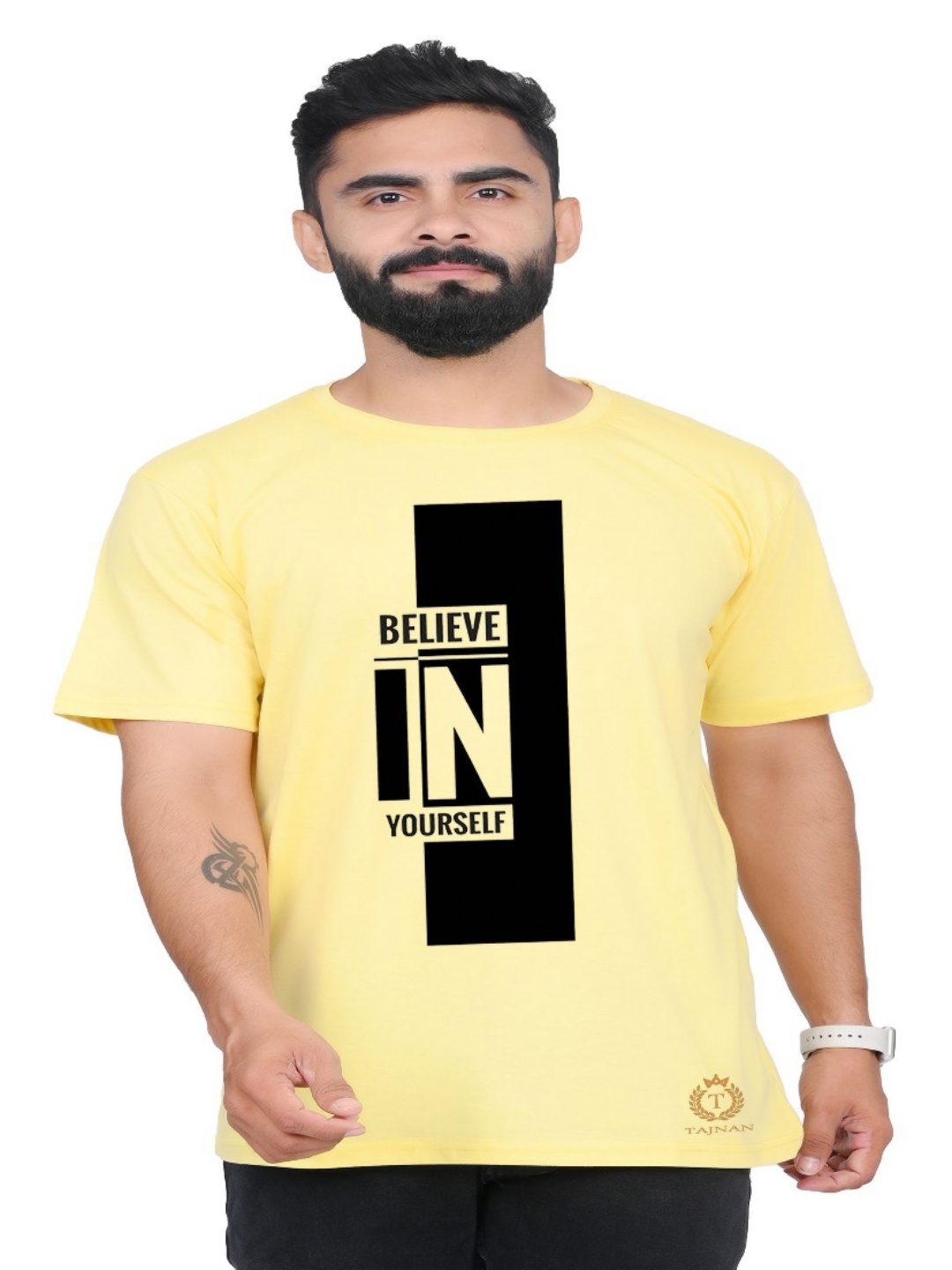 

TAJNAN Men Typography Printed Round Neck T-shirt, Yellow