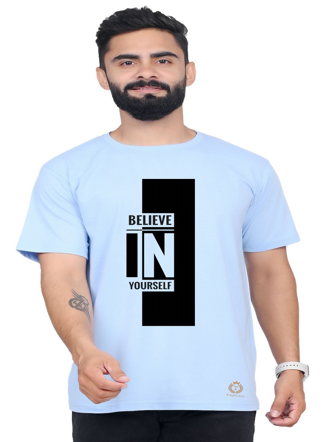 

TAJNAN Men Typography Printed Applique T-shirt, Blue