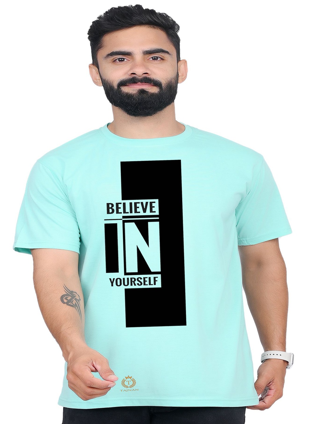 

TAJNAN Men Typography Printed Round Neck T-shirt, Turquoise blue