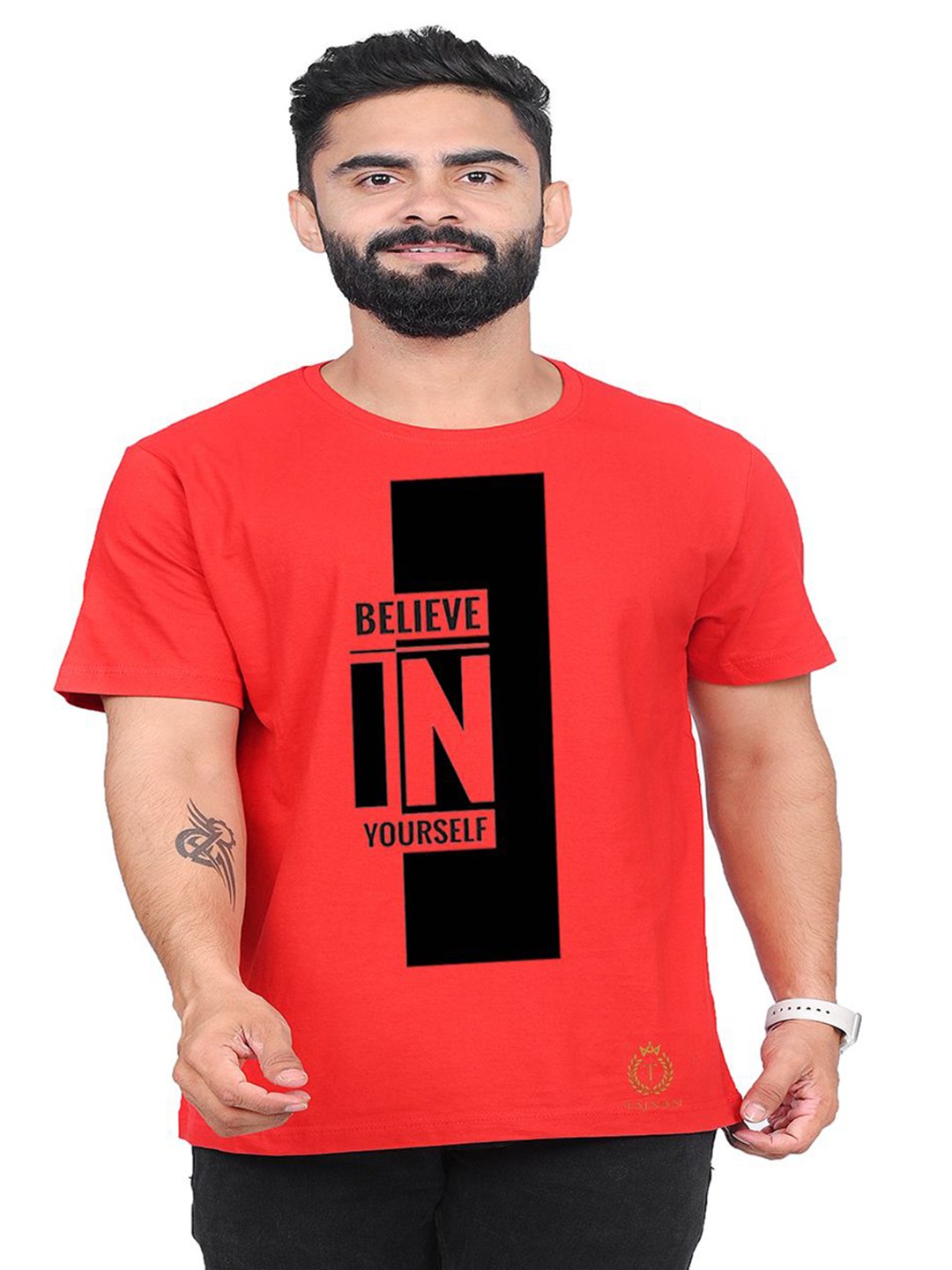 

TAJNAN Men Typography Printed Round Neck T-shirt, Red