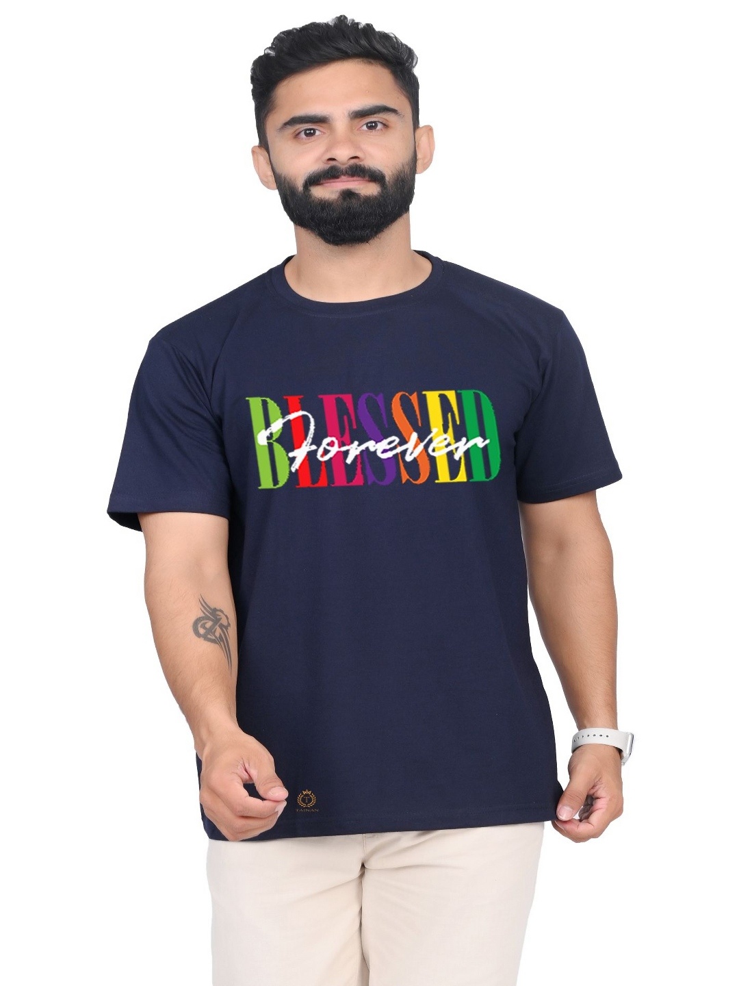 

TAJNAN Men Typography Printed Round Neck T-shirt, Navy blue