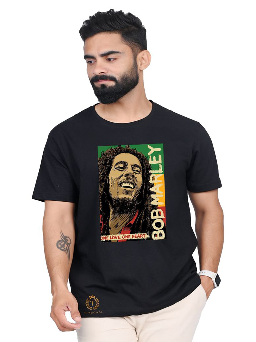 

TAJNAN Men Bob Marley Graphic Printed T-shirt, Black