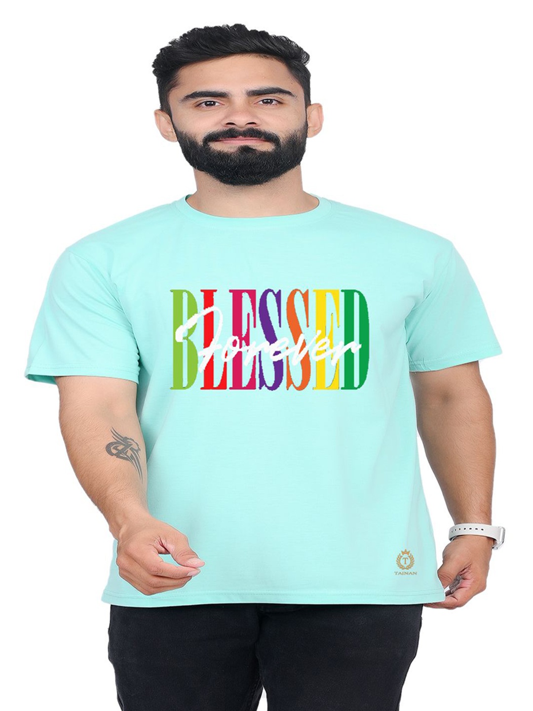 

TAJNAN Men Typography Printed Round Neck T-shirt, Turquoise blue