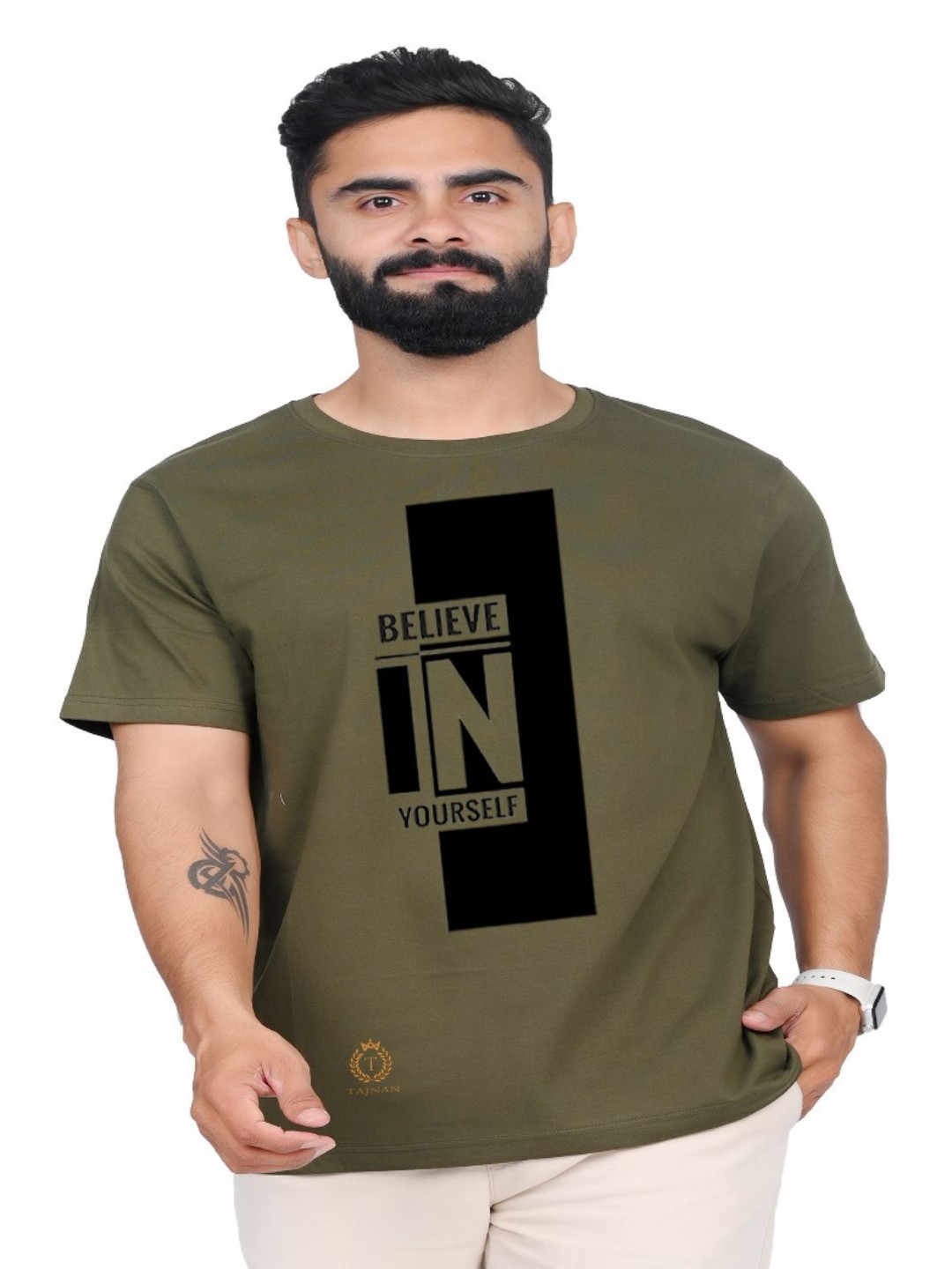 

TAJNAN Men Typography Printed Round Neck T-shirt, Olive