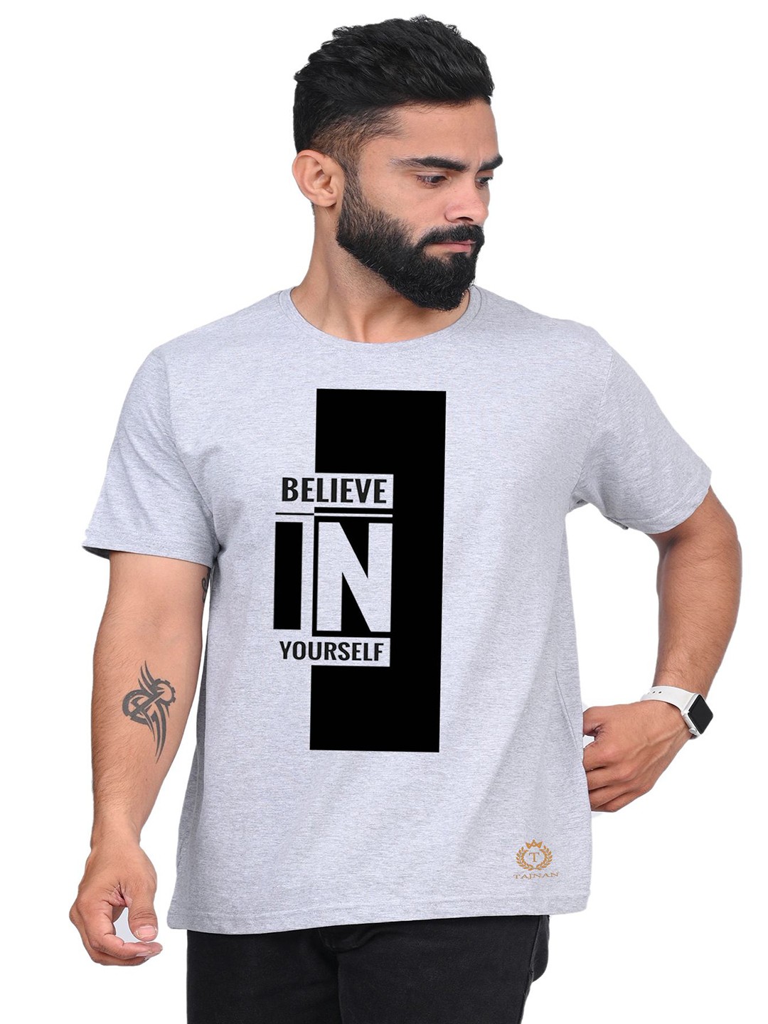 

TAJNAN Men Typography Printed Round Neck T-shirt, Grey
