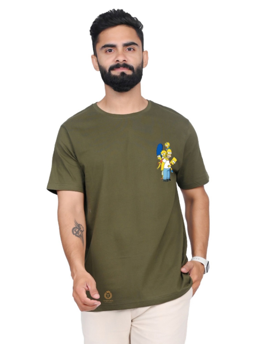 

TAJNAN Men The Simpsons Graphic Printed Round Neck T-shirt, Olive