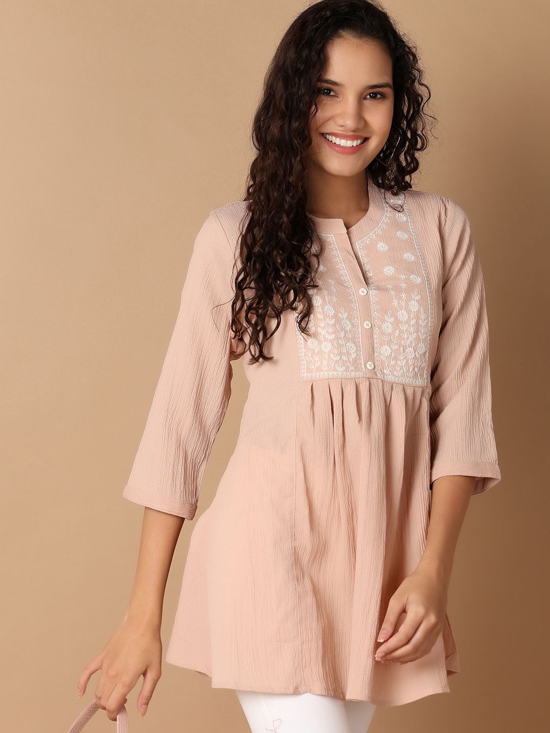 

V-Mart Ethnic Motifs Embroidered Pure Cotton Band Neck Kurti, Beige