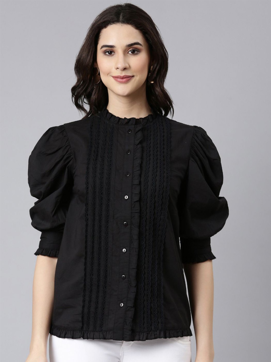 

Zolo Label Mandarin Collar Puff Sleeve Cotton Shirt Style Top, Black