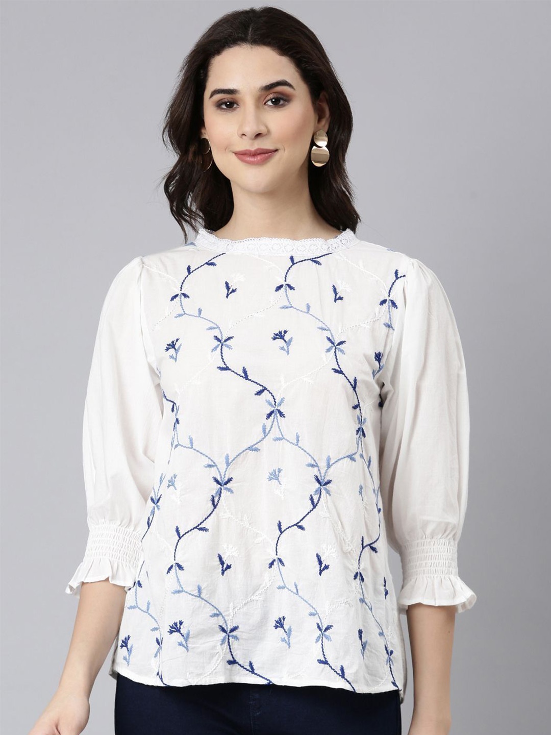 

Zolo Label Floral Elegant White Cotton Top With Blue Embroidery Puff Sleeve Cotton Top