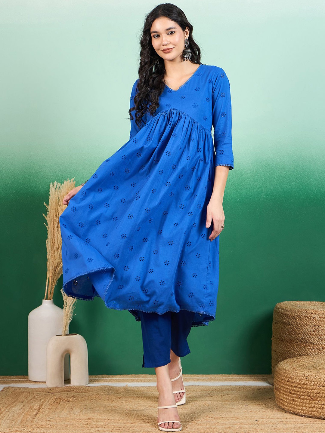 

Sangria Blue Floral Schiffli Cotton V-Neck Empire Anarkali Kurta