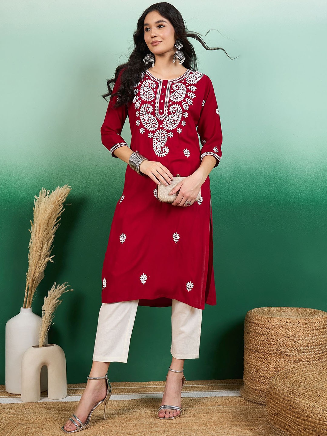

Sangria Red & White Ethnic Motifs Embroidered Round Neck Chikankari Straight Kurta