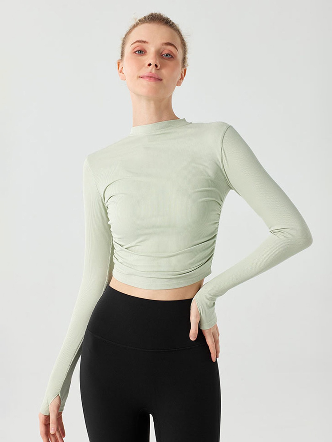 

LULU & SKY Crop Ribbed Full Sleeve Sports Top W/ Thumb Holes, Green