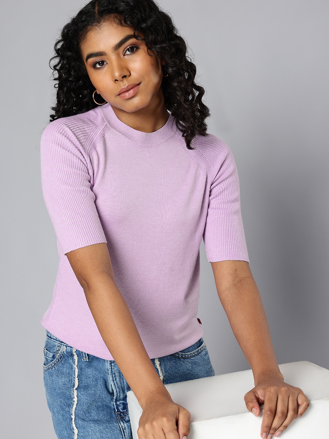 

Levis Crew Neck Raglan Sleeves Ribbed Top, Lavender