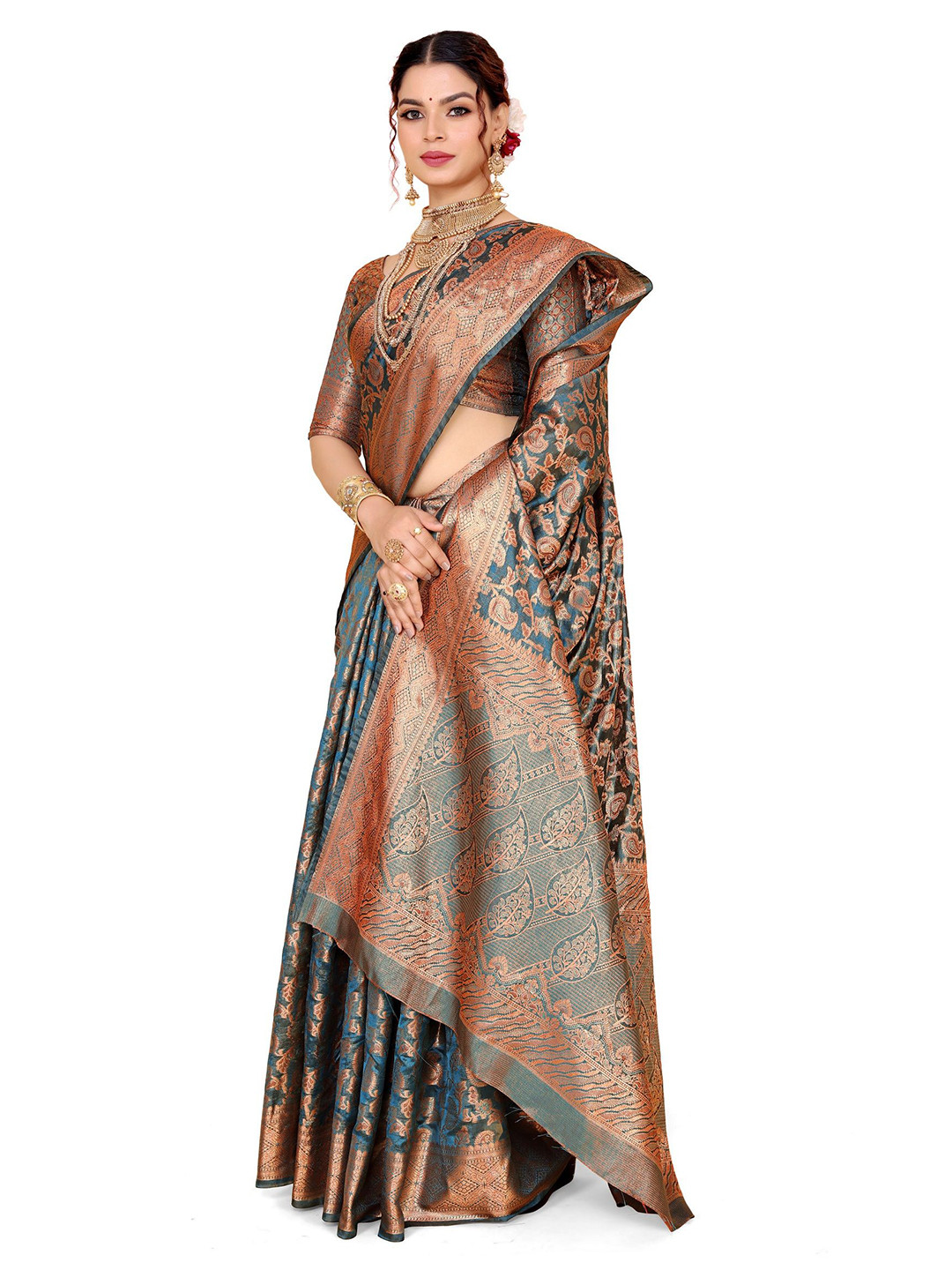 

AKSH FASHION Ethnic Motifs Zari Banarasi Saree, Blue