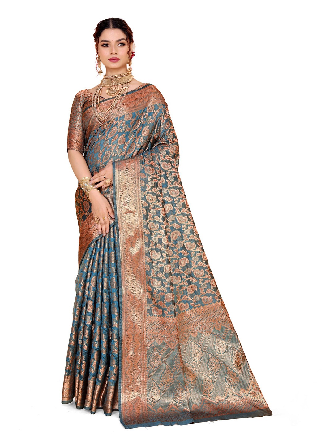 

AKSH FASHION Ethnic Motif Zari Woven Banarasi Saree, Teal