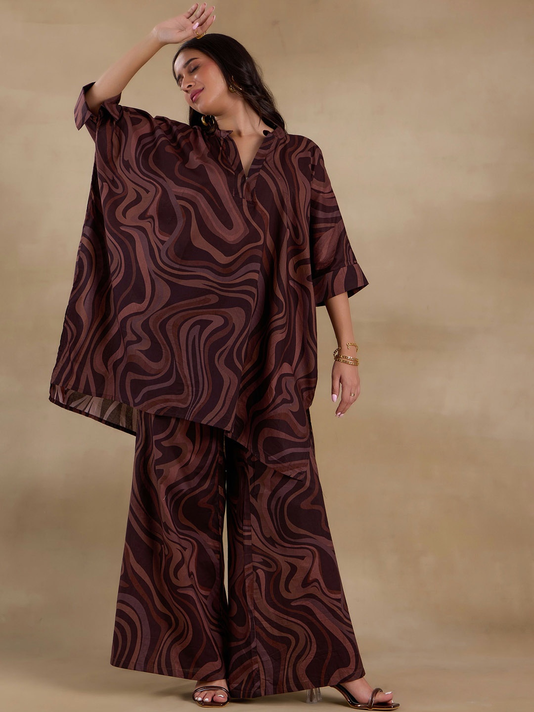 

Alaya By Stage3 Printed V-Neck Pure Cotton Tunic & Trousers, Brown