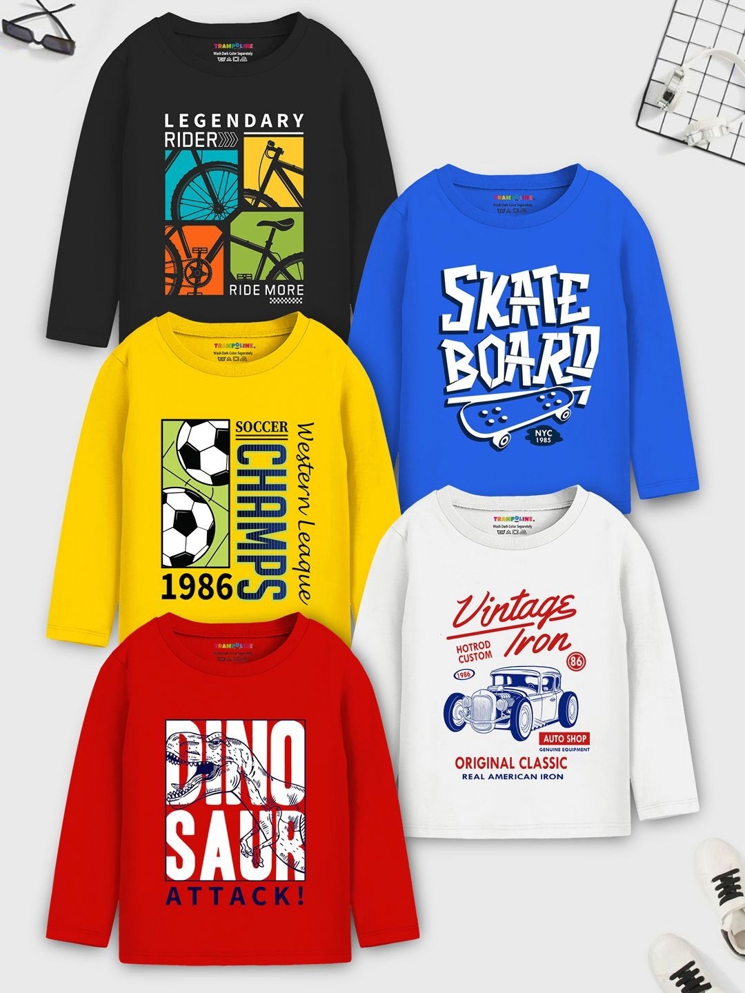 

YK X Trampoline Boys Pack Of 5 Typography Printed Round Neck T-shirts, White