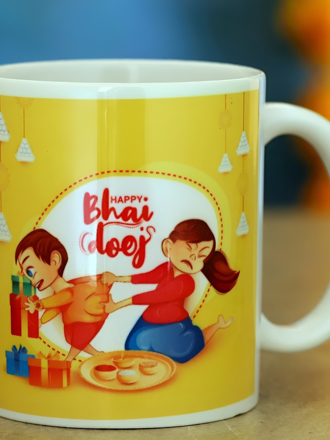 

fnp White & Yellow Graphic Printed Ceramic Glossy Mug 325ml