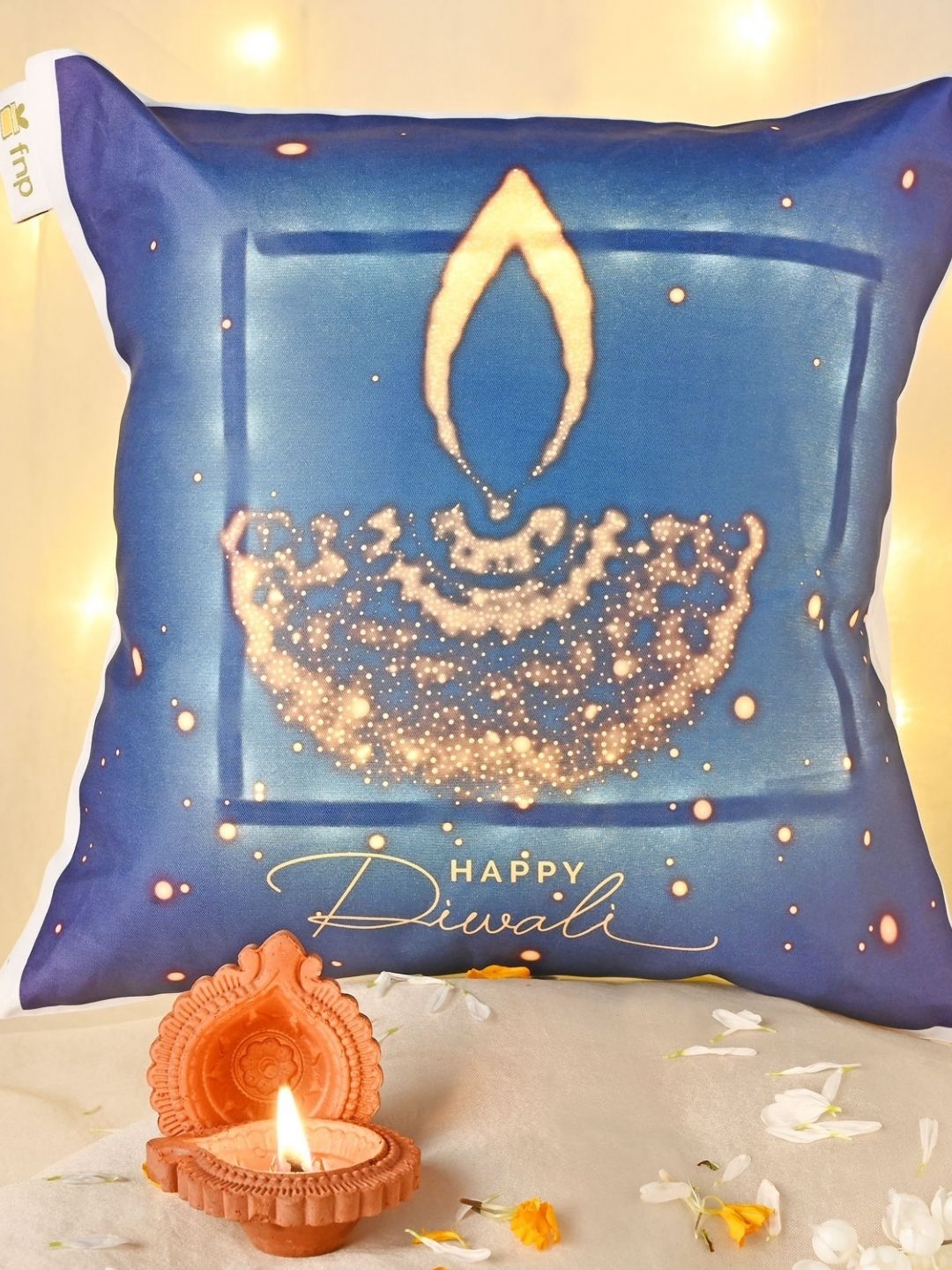 

fnp Diwali White & Blue Printed Square Shaped Pre Filled Cushions