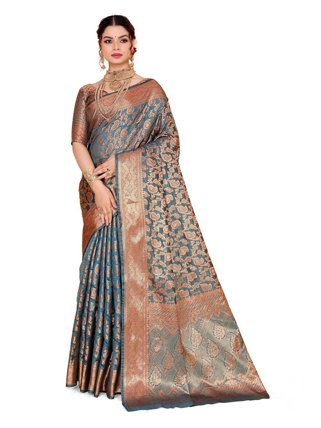 

jayant Ethnic Motif Zari Woven Saree, Teal