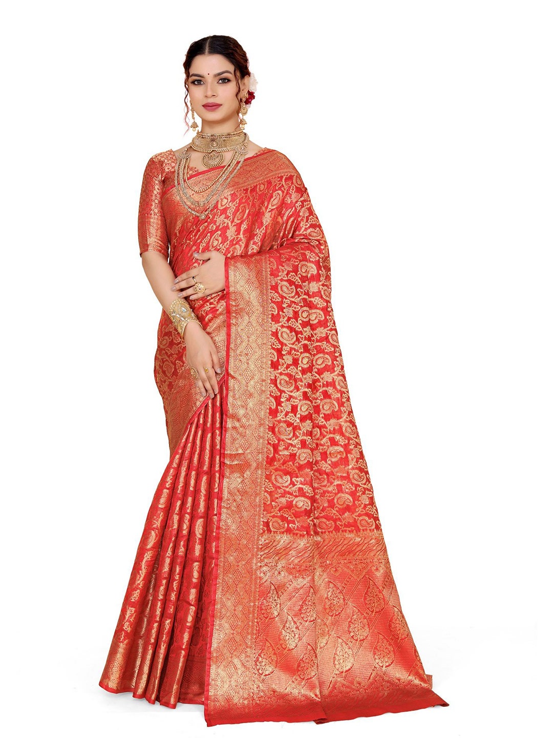 

jayant creation Paisley Zari Organza Banarasi Saree, Red