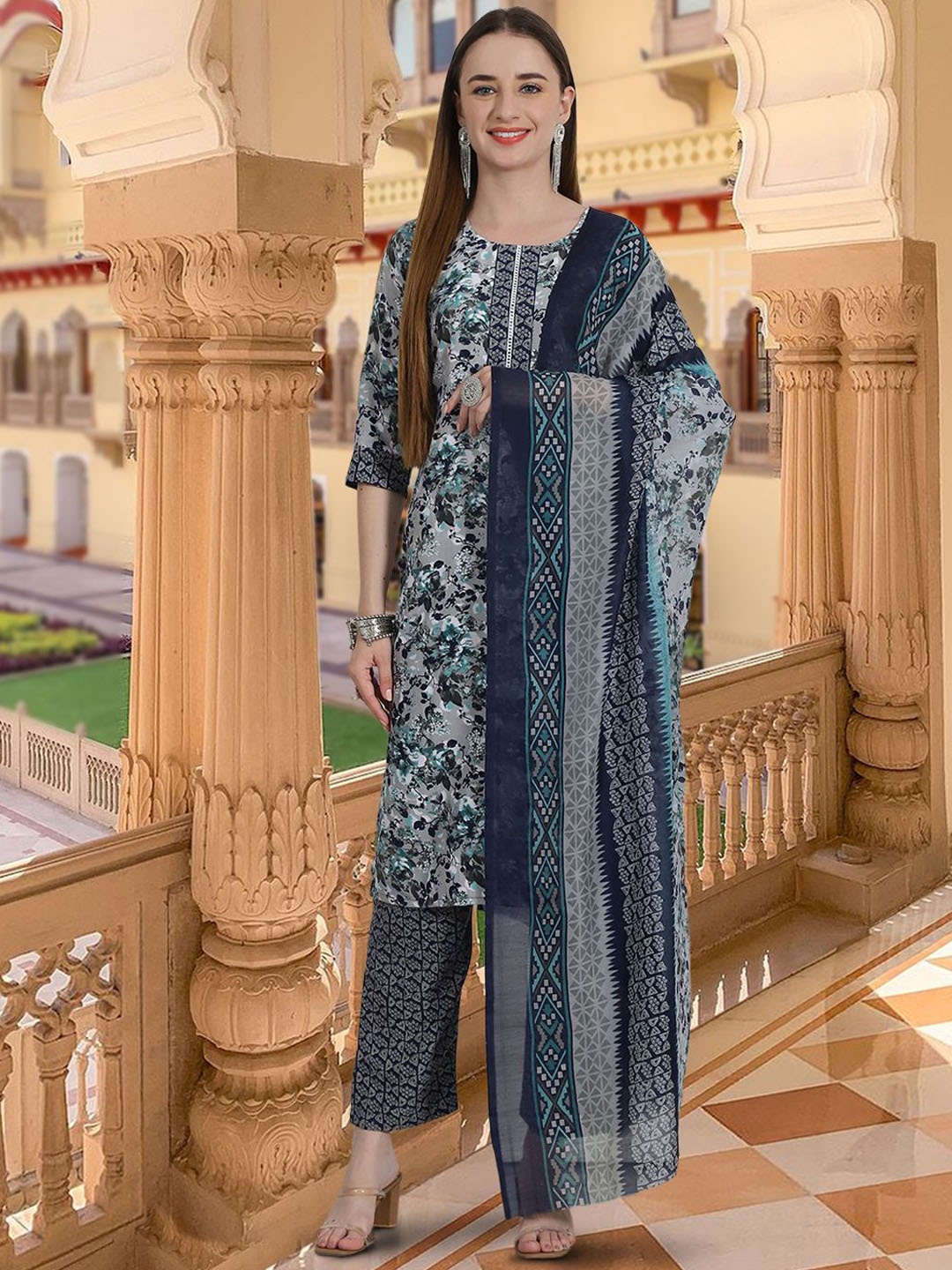 

7Threads Floral Printed Pure Cotton Kurta with Trousers & Dupatta, Navy blue