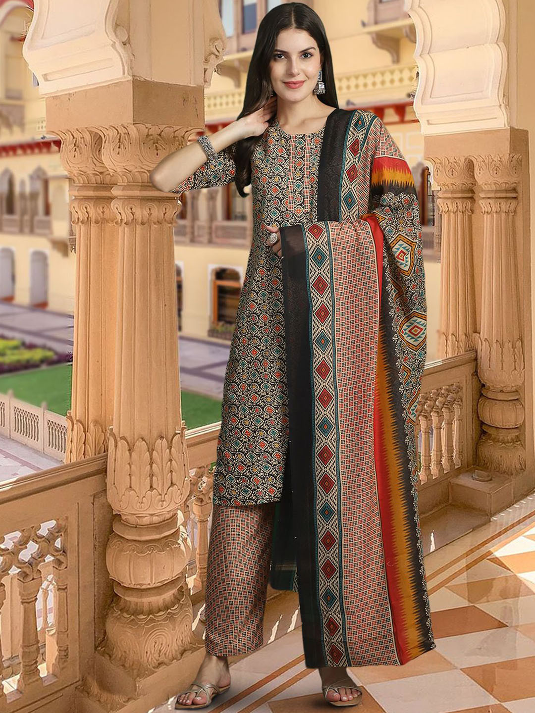 

7Threads Geometric Printed Pure Cotton Straight Kurta With Trousers & Dupatta, Black