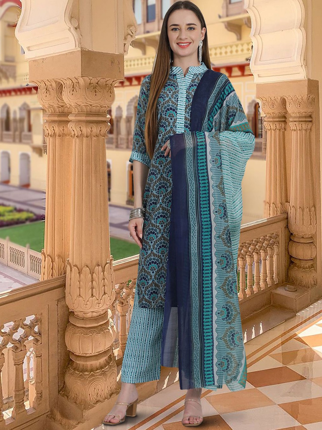 

7Threads Ethnic Motifs Printed Pure Cotton Mandarin Collar Kurta With Trousers & Dupatta, Teal
