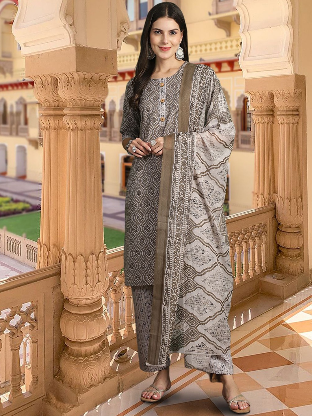 

7Threads Geometric Printed Pure Cotton Straight Kurta With Trousers & Dupatta, Grey melange